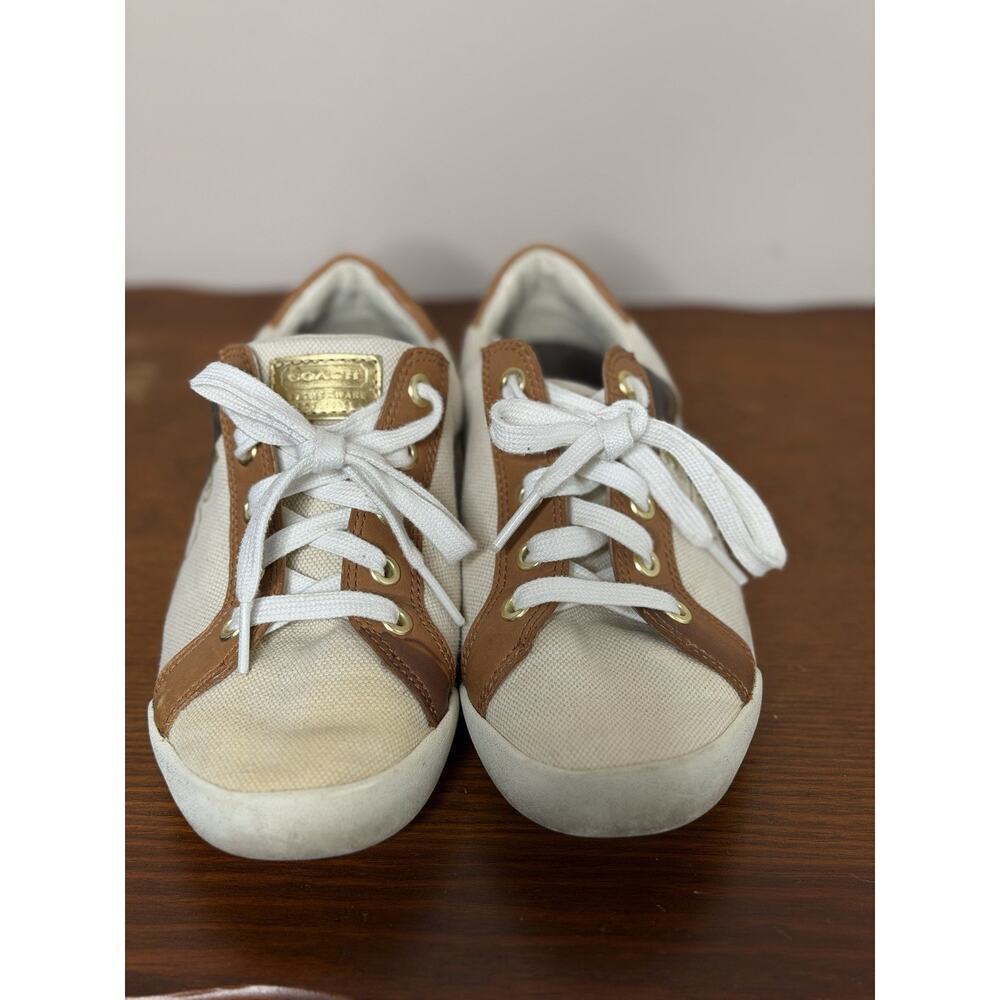 Coach White Canvas and Brown Leather Accent Sneakers - Picture 6 of 12